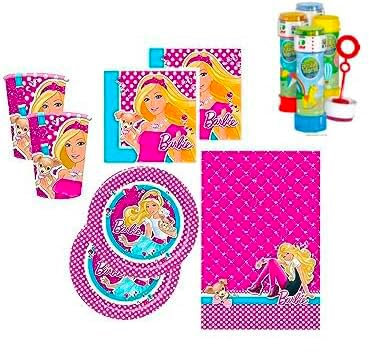 Zeus Party Kit coordinato per Feste Compleanno Barbie Piatti piccoli, Piatti grandi, Bicchieri, Tovaglioli, Tovaglia e Bolle di Sapone in omaggio.