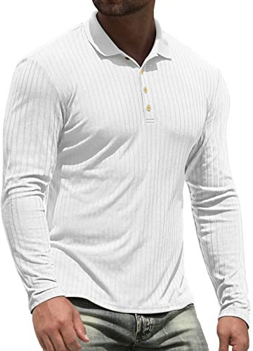 NITAGUT Men's Polo Shirts Long Sleeve Top Casual Slim Fit Golf Shirts White, Large
