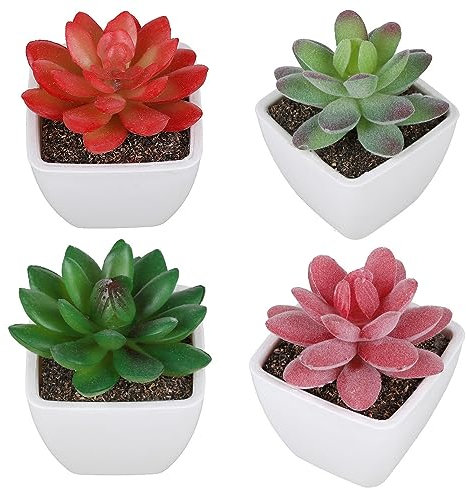 QIRUIRED Mini Fake Succulents in Pots - Set of 4 Decorative Artificial Plants Indoor Lifelike Faux Plastic Plants in White Plastic Pots for Bedroom Office Bathroom Home Kitchen Decor Green Pink Red