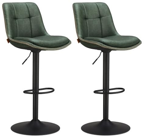 VASAGLE Barhocker 2er Set, Barstühle höhenverstellbar, drehbare Küchenhocker, gesteppter PU-Bezug, mit Rückenlehne und Fußstütze, Esszimmer, Theke, Stahl, waldgrün LJB095C01