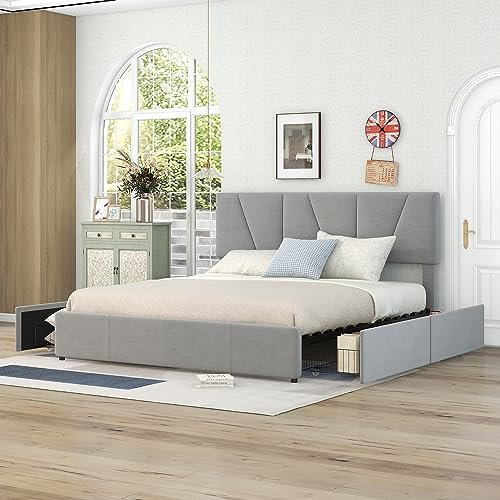 MYBOO Bett 160x200 mit Schubladen, Einzelbett/Doppelbett, Modern Polsterbett mit Samtstoff Rückenlehne und Lattenrost, Höhenverstellbares Kopfteil,Jugendbett Gästebett, Grau (ohne Matratze)