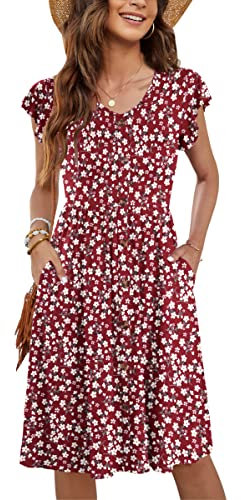 MOLERANI Damen Kurzarm V-Ausschnitt Button-Down Midi Skater Kleid mit Taschen Extra Floral Rot L