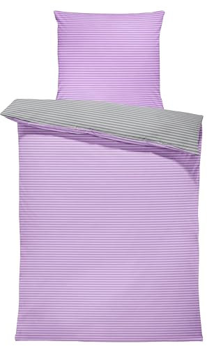 one-home Bettwäsche gestreift Streifen modern Wende Renforcé Baumwolle mit Reißverschluss, Größe:2 teilig 135x200 cm, Farbe:lila/anthrazit