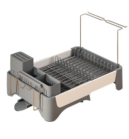 Escurridor de Platos de Aluminio,Escurridor de Platos Extensible con Portavasos y Soporte para Utensilios,Escurridor de Platos de Gran Capacidad con Boquilla de Drenaje para Cocina
