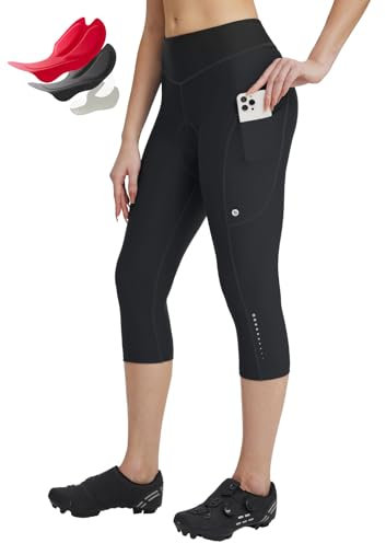 baleaf Damen Fahrradhose 4D Gepolstert Radfahren Caprihosen Hohe Taille Radfahren Fahrrad Polsterung Strumpfhose mit Taschen Schwarz XL