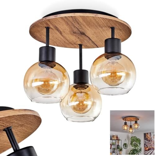 HOFSTEIN Deckenleuchte Vouhet, Deckenlampe aus Metall/MDF/Glas in Schwarz/Braun in Holzoptik/Bernsteinfarben/Klar, Retro/VIntage Design mit Schirmen aus Glas (Ø 15 cm), 3 x E27, ohne Leuchtmittel