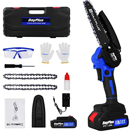 Huini Blue Cordless Chainsaw, Brushless Chainsaw, Professional Chainsaw with 1500mAh Lithium-Ion Battery and Charger, Installation Free Portable Chainsaw