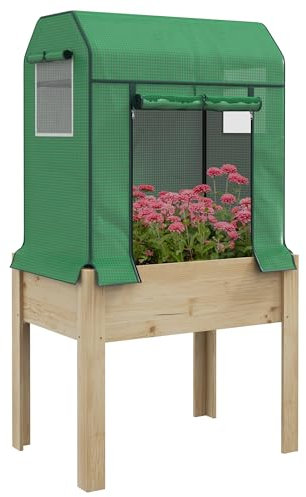 Outsunny Letto per Orto Rialzato con Mini Serra per Piante, Orto Urbano con Copertura in PE Verde e Struttura in Legno, 80x60x165cm