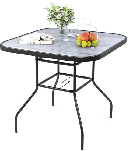 The Fellie Garden Table Patio Table with Parasol Hole Wood Grain Tempered Glass Top Outdoor Dining Table Square Bistro Table