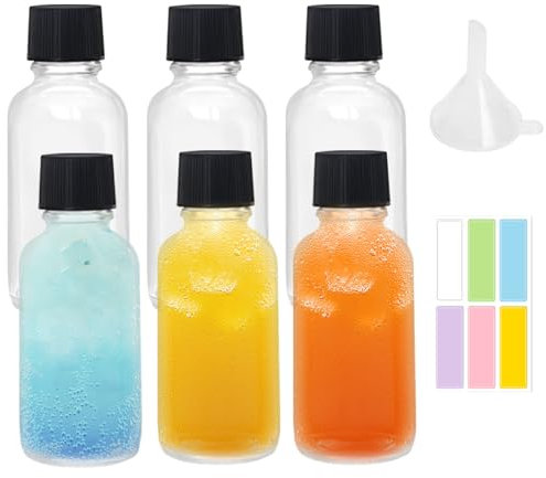 DITK-U Lot de 6 mini bouteilles en verre de 60 ml - Petites bouteilles à remplir - Avec entonnoir et étiquettes - Parfaites pour le gingembre, l'alcool, les liqueurs et autres boissons