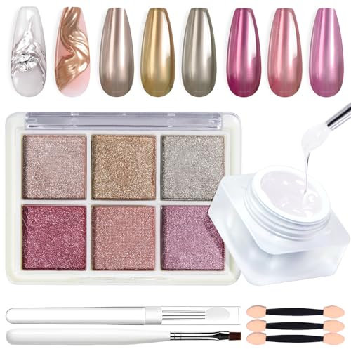 U-Shinein Chrome Nail Powder Set, 6 Color Chrome Glitter Powder, Metallic Chrome Powder Kit, Semi Solid Modeling Gel with Nail Brush, Silicone Nail Brush for Nail Art Nail Design, 02