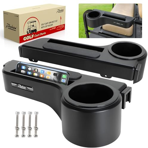 Roykaw Golf Cart Armrest with Cup Holder Compatible with EZGO/Club Car/Yamaha & Most Brand, Universal Golf Cart Rear Seat Arm Rests with Phone Holder, No Drilling, Fit 1.0/1-1/4 Square Frame
