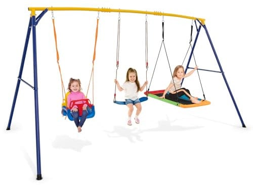 GYMAX 3 in 1 Kids Swing Set, Heavy Duty Metal Swing Frame with Belt Swing, Rectangular Swing&Adjustable Swing Seat, Outdoor Children Playground Set for 3-10 Years Old, Max Weight 300kg (350x182x195cm)