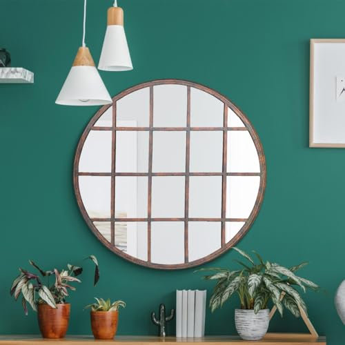 MirrorOutlet The Kirkby - Espejo de Pared Decorativo de Metal rústico con Forma Redonda para Ventana, 80 cm x 80 cm