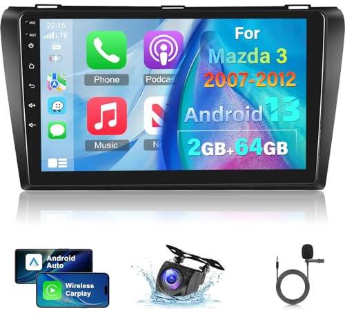 2+64G Android Autoradio für Mazda 3 2003-2009 mit Drahtlos Carplay und Android Auto - 9 Zoll Touchscreen Radio mit WiFi GPS EQ 28 Desktop Themes + AHD Rückfahrkamera&Mic