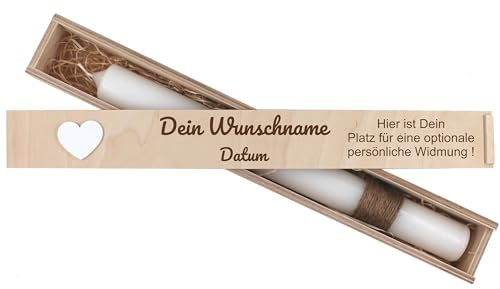 Holzkiste für deine Taufkerze Taufkerzenbox personalisiert Kommunionskerzenbox mit Namen Patenkerzen mit Wunschnamen Kerzenbox Kerzenaufbewahrung Taufbox (Stabkerze bis 50cm)