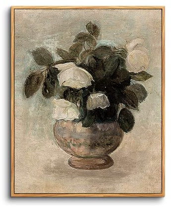 hyidecorart Vintage Leinwand Bilder mit Rahmen Holz, 20x25 cm Klein Wandbilder Wohnzimmer Rose Weiß Kunstdruck, Aesthetic Wanddeko Schlafzimmer Gemälde Desktop Badezimmer Büro Zimmer Esszimmer Flur