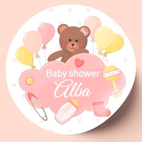Lot de stickers personnalisés, nounours mignon ballons, thème rose baby shower, naissance, baptême, autocollant rond prénom événement, typographie au choix, étiquette adhésive, mat ou brillant, 4cm