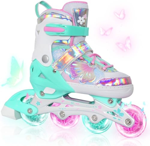MammyGol Adjustable Inline Skates for Girls Boys Ages 4-12 with Light up Wheels & Butterfly Design – Vibrant Flashing Roller Skates, Perfect Beginner Skates for Kids Youth