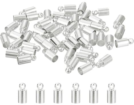 sourcing map 50Pcs Leather Cord End Caps, 3mm OD Column Barrel Terminators for DIY Making Leather Bracelets Tassels, Silver Tone