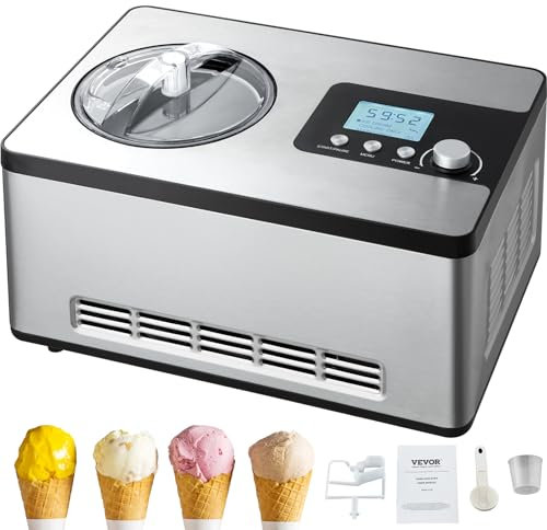VEVOR Sorbetière Automatique Turbine à Glace Professionnelle 2 L 180 W Machine à Glace Électrique Écran LCD Préparation Rapide sans Pré-congélation pour Faire des Sorbets Yaourts Crème Glacée Gelato
