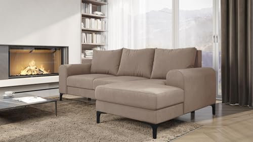 Easy4You Ecksofa Instra L-Form Beige – 245x94x1145 cm - Schlafsofa mit Bettkasten und Schlaffunktion - Eckcouch mit Stauraum, Metallfüße und Kissen – Rechts – Stoff Manila 02