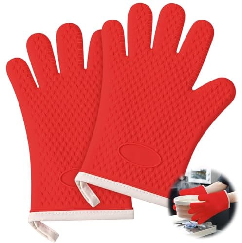 Guantes de cocina resistentes al calor con forro de algodón de silicona gruesa para 1200 ℃, impermeables y antideslizantes, juego de 2 guantes de horno de cinco dedos para hornear, cocinar, barbacoa,