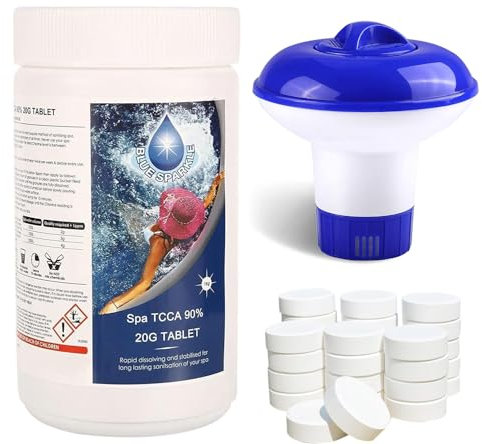 1Kg Chlorine Tablets Slow Release with Floating Dispenser for All Hot Tubs, Swimming Pool, Spas Decontamination Cleaning Tablets 50 x 20g Kit