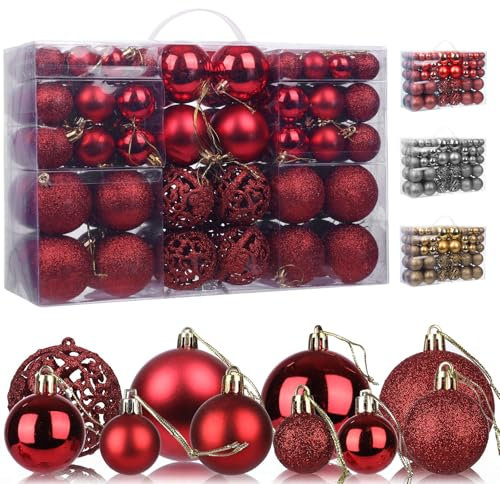 AIZQYC 100 Pezzi Palline Albero di Natale Rosso, Set di Palline per Albero di Natale, Decorazioni Palline di Plastica per l'albero di Natale, Lucide, Opache, Glitterate e Aperte, ∅ 3, 4 e 6 cm