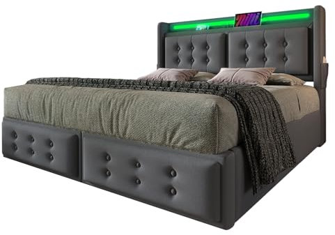 Generisch Polsterbett, Doppelbett mit LED-Kopfteil und USB-C-Aufladung, 4 Schubladen, Bettkasten mit Lattenrost aus Holz und Metall, grau 160x200 (180 * 200cm)