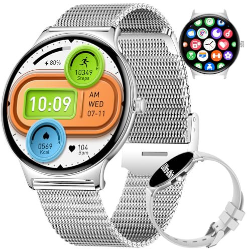 LIGE Smartwatch Damen(2 Armbändern),1.43 HD AMOLED Smartwatch mit Telefonfunktion,Fitnessuhr,Silberne Sportuhr mit 120+ Sportmodi,Schlaftracking,Menstruationszyklus,IP68 wasserdicht für iOS/Android