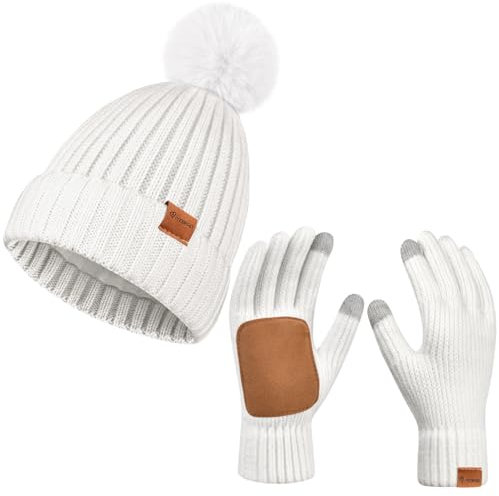 Damen Beanie Hut Handschuhe Set Winter Gestrickte Mütze Hut für Frauen Mit Pom Pom Warme Touchscreen Handschuhe 2 in 1 Set für kaltes Wetter (DE/NL/SE/PL, Alphanumerisch, Einheitsgröße, Weiß)
