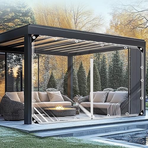 Ezcasch Clear Tarp with Zip 2x4m(Height x Width) Heavy Duty Clear Tarpaulin with Eyelets, 420g/m² Transparent Waterproof Plastic Tarpaulin for Patio Outdoor with Ropes and Ties