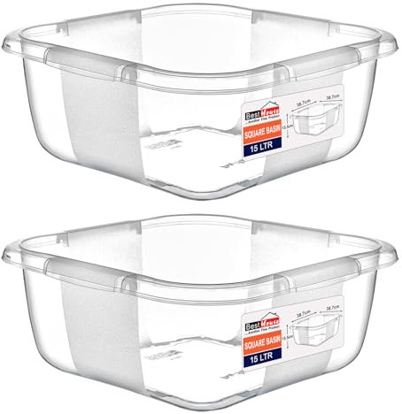 Best House | Plastic Washing up Bowl Basin | Square Kitchen Basin Wash Bowl | 15 Litres | Clear | 2 pcs | Multipurpose Bath Tub/Washing Tub for Kitchen, Bathroom, and Household Use (Pack of 2)