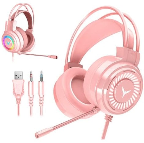 Gaming Headset for PS4, Gaming Over Ear PC Headphone for Xbox One S Xbox One 3.5mm Wired Over Head Low Base Sound Gaming Headset with Mix Microphone Volume Control for PC Tablet Laptop Mac (PINK)