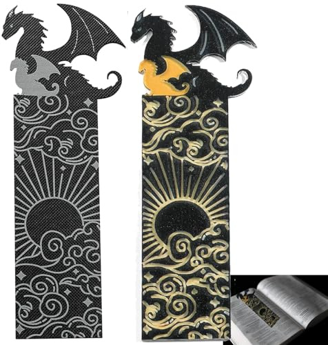 Amazleer 2 Pcs Doppelseitiges Acryl-Lesezeichen Schwarzer Goldener Drache' mit Sonne- und Wolken-Muster - Kühles Drachen-Design für Buchliebhaber, Jungen, Mädchen Lesebegeisterte (Schwarze&Goldene)