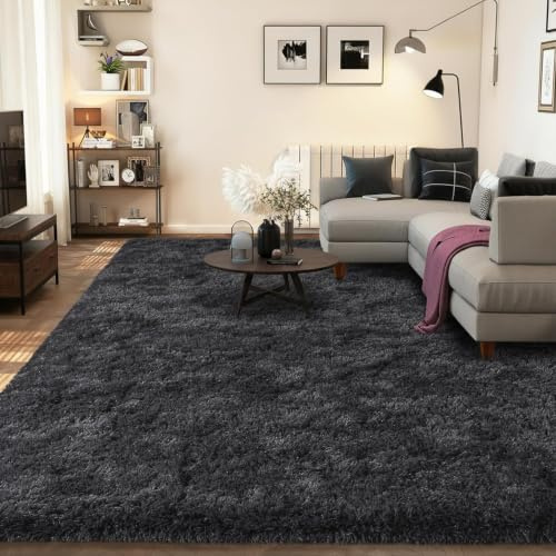 BSGIFT Teppich Wohnzimmer 140x200 Anthrazit, Langflor Shaggy Hochflor Teppich Flauschig, Modern Wohnzimmerteppich Bettvorleger High-Pile Carpet rutschfest für Schlafzimmer Kinderzimmer