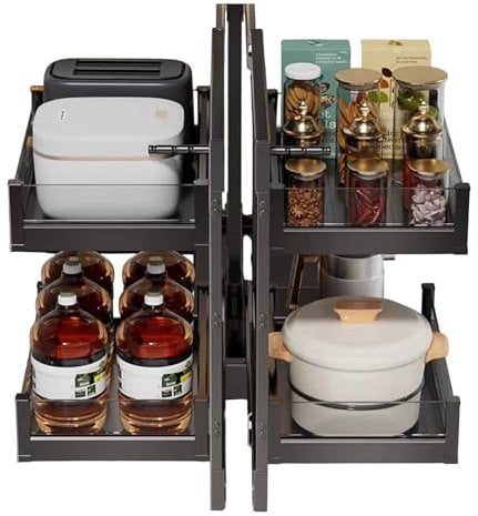 KaBuea Blind Eckschrank Ausziehbarer Kücheneckschrank Organizer, links offen oder rechts offen 2-stufige ausziehbare Home Organizer für 61cm Schrank, Soft Close, Bodenmontage