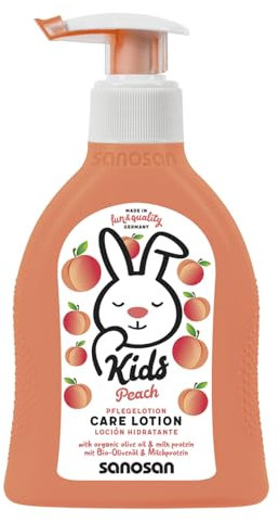 sanosan Bodylotion Kinder mit Pfirsich Duft 200 ml - Body Lotion mit Bio Olivenöl & Milchprotein - Hautpflege, Körperlotion, Baby Lotion, Creme Kinder trockene Haut