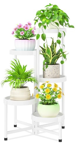 iDavosic.ly Pflanzenständer Metall Kunststoffe mit 5 Ebenen, Blumenständer Plant Stand Indoor Outdoor, Pflanzenregal Blumenregal Mehrstöckig für Draußen Balkon Wohnzimmer Terrasse, (Weiß)