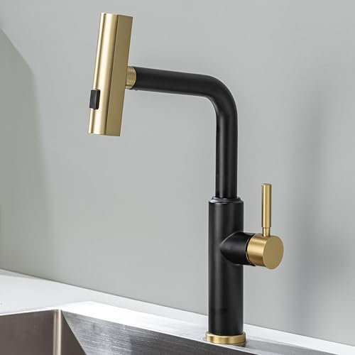 EGSO Robinet de cuisine Noir Doré extensible avec douchette 3 fonctions, Rotatif à 360° Mitigeur Cuisine avec Douchette, levier unique, en acier inoxydable