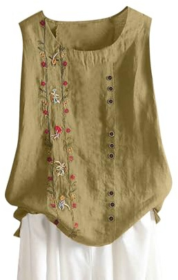 HAOLEI Vest Tops Women UK Summer Cotton Linen Sleeveless T-Shirt Plus Size Loose Fit Floral Shirts Dandelion Embroidered Lounge Wear Baggy Dressy Casual Blouses Ladies Tank Tops
