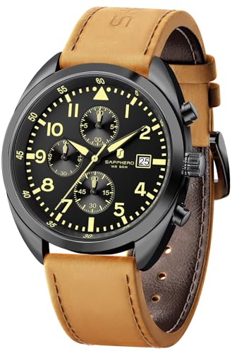 SAPPHERO Herrenuhr Quarzuhr Analog mit Lederarmband Klassische Businessuhr | Wasserdicht 50M, Arabischen Ziffern Einfache Lesbarkeit, Datumsdesign, Sport, Freizeit, Elegant, Geschenk für Herren