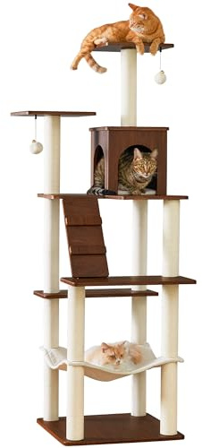 Quuzee Kratzbaum groß, 178 cm hoch, moderner Katzenbaum, mehrstöckiges Katzenhaus mit großer Höhle, 7 Kratzsäulen, 2 Liegemulden, Hängematte und 2 Plüschbällen, vintagebraun
