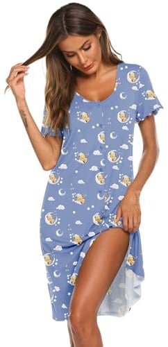 Ekouaer Women's Nightdress Short Summer Sleeve Nightshirt Button Down Nightgown Sleepwear Sleepshirts, Teddy Bear Blue XX-Large