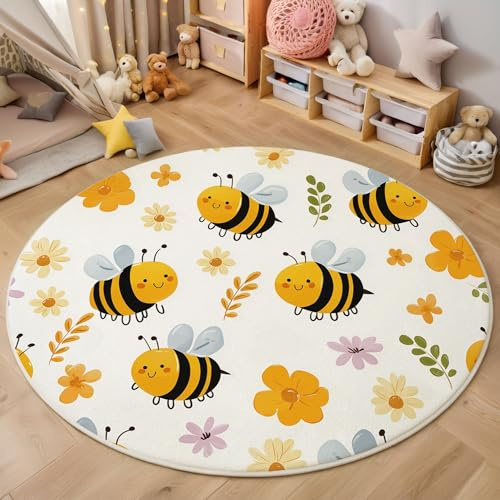 Kinderteppich Kinderzimmer Niedliche Tiere Lächelnde Bienen Blumen Kinder Teppich Babyzimmer Weicher Flor,Gelb, 120cm Rund für Kinderzimmer, Babyzimmer und Spielzimmer