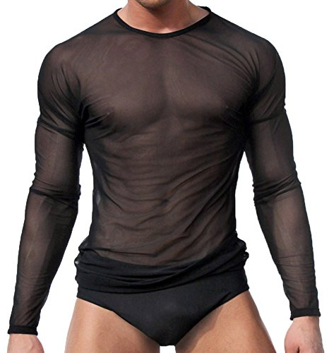 sandbank Underwear T-Shirt for Men Black Long Sleeve Mesh Top Undershirt Men's Sexy Mesh Sheer Tshirt Nightwear Gym Fitess