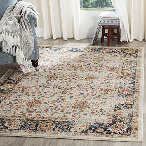 SAFAVIEH Distressed Teppich für Wohnzimmer, Esszimmer, Schlafzimmer - Madison Collection, Kurzer Flor, Creme und Marineblau, 155 X 229 cm
