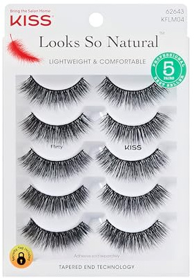 KISS Looks So Natural False Eyelashes Multipack, Lightweight & Comfortable, Tapered End Technology, Reusable, Cruelty-Free, Contact Lens Friendly, Style 'Flirty', 5 Pairs Fake Eyelashes Black