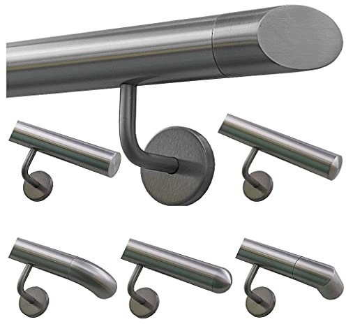 TIBU Handlauf Geländer Edelstahl Ø 42,4 mm - Länge 180 cm - Ende schräges Endstück und gewinkelte Halter - Rostfrei für Außen und Innen